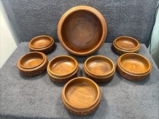 Lovely Large Wooden Carved Bowl + 7 Matching Small - Salad, Fruit or anything