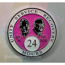 24 Hour Alcoholics Anonymous Medallion Pink White Silver AA Sober Chip Coin