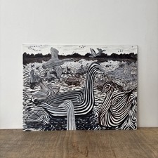 Abstract Acrylic on Board Striped Birds Black & White Birds Lake Signed Painting