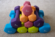 Opti Neoprene Dumbbells Set Workout Gym Weight, 2 each 5kg, 4kg, 3kg, 2kg, 1kg