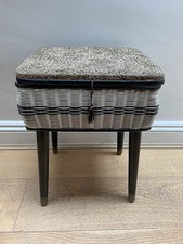 Vintage Woven Plastic Sewing Box  with contents Retro Pink Lining Removable Legs