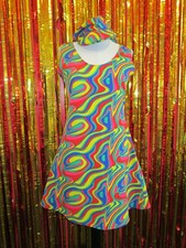 Ladies Psychedelic 60s 1960s Style Costume Fancy Mini Dress & Hat Size S 10