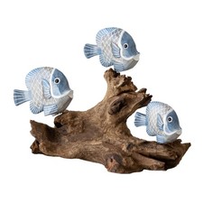Blue Fish On Teak Root Coral Reef Sculpture Rustic Tropical Sea Shoal Ornament
