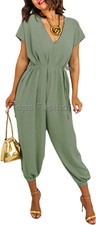 Womens V-Neck Wide Leg Jumpsuit Ladies Summer Playsuit Jumpsuit Size Overalls UK