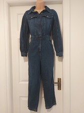 MARKS & SPENCER DARK BLUE DENIM UTILITY ZIP FRONT CROP JUMPSUIT - Size 10 petite