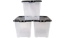 Strata 3 x 65L Stackable Plastic Storage Boxes with Clip Lids Clear Grey 3 Pack