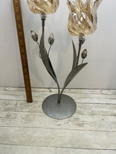 Gold Metal and Pink Glass Double Stem Flowers Tea Light Candle Holder 18” Tall