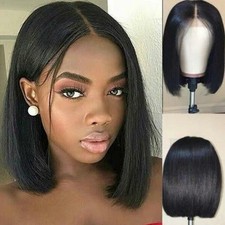 Lady Black Synthetic Wig Brazilian Lace Front Short Straight Human Hair Bob Wigs