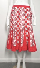 LINEA Size 12 Red White Retro Print Knee Length 100% Linen Skirt SUMMER Holiday