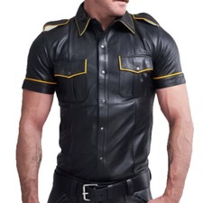 NEW MENS POLICE UNIFORM MILITARY STYLE GENUINE LAMBSKIN LEATHER BLUF GAY SHIRT
