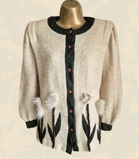 Nancy Vintage Rayon Button Appliquéd Cardigan Fine Knit & Suede Appearance Med