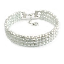 Classic Three-Row White Faux Pearl Choker Necklace (rigid style) - 37cm L/6cm