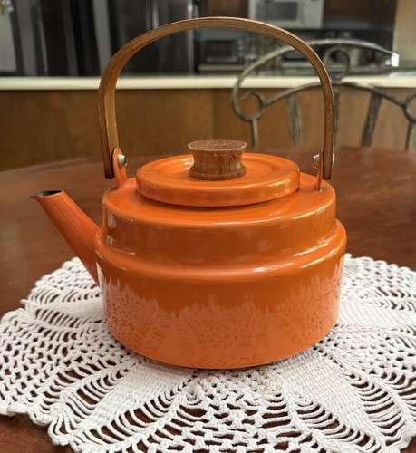 Vintage orange enamel - orange, teapot