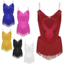 Womens Bodysuit Waltz Dress Lyrical Costume Rumba Unitard Fringe Leotards Cutout
