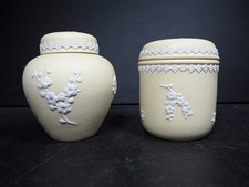 2 x Vintage Wedgwood Jasperware Primrose Yellow Prunus Lidded Pots/Jars