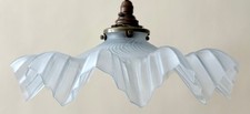 Vintage French frosted glass frilly coolie light shade pale blue + fittings