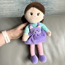 Chad valley Brown Haired Girl Rag Doll In Purple Cat Dress Soft Plush Toy 7-12”