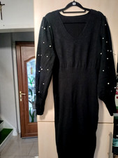 Ladies black pearls party long jumper dress size 18/20/22 vgc