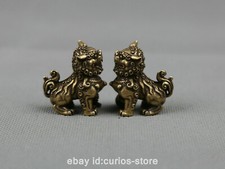 1.3" Collect Chinese Bronze Fengshui Animal Foo Fu Dog Guardion Lion Statue Pair