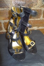 "BLACK SAND" BLACK (GOLD HEELS) HIGH STRAPY OPEN TOE SHOES SIZE 5 VGC