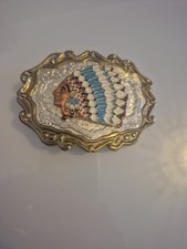 Native Indian Belt Buckle Blue Ribbon