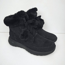 Skechers UK 5 Black Ankle Boots Women's On The Go Joy Pom Pom Fur Lined Leather