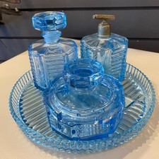 Rare Vintage Art Deco 1930s Blue geometric vanity set absolutely beauitiful set