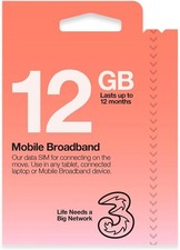 Three Mobile PAYG Mobile Broadband  - Preloaded 12GB Data SIM Card