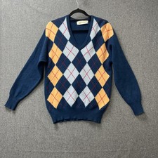 VTG Lyle & Scott Men's jumper size 40 argyle diamond blue pure new wool v neck
