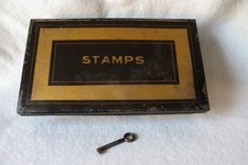VICTORIAN TOLEWARE STAMP TIN .  POST OFFICE STAMP STORAGE TIN ? WITH KEY.