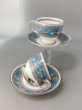Wedgwood Florentine Turquoise Pair Of Leigh Shaped Tea Cups & Saucers