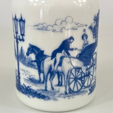 Vintage Small White Milk Glass Jar With Printed Blue Classic Outdoor scene