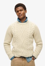 Superdry Jumper Crew Neck Cable Knit Long Sleeve Pullover Wool Mix Ecru Cream