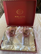 Bohemia Ruby Royal Wine Glasses Pair 5.5” Gold Rim Etched Hand Made Boxed Xmas