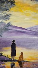 Oil painting on canvas, hand-painted, colorful the walk in the purple sunset