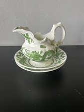 Antique C4 Coalport Porcelain Green Dragon Set Jug And Two Plates Decorative