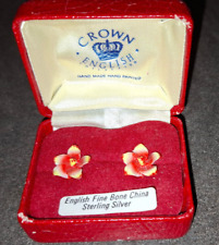 Vintage English fine bone china red tones flower earrings pierced ears - in box
