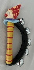 Vintage Kids Wooden Hand Bell Shaker Rattle Bracelet, Leather Bound Clown Face