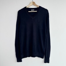 Lacoste Navy 100% Wool V-Neck Jumper Size 4 Medium Croc Logo Knit Sweater
