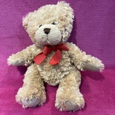 Hamleys Teddy Bear- 12 inch Plush Brown Soft Toy with Red Bow - Embroidered Paw