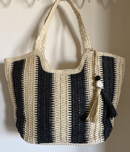 Straw bag black beige woven - bag, &