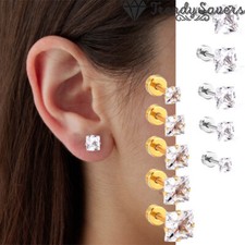 Screw Back Simple Gold Silver Square Zircon Stainless Steel Unisex Stud Earrings