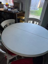 Circular Extending White Painted Dining Table with 4 Pine Farmhouse Chairs