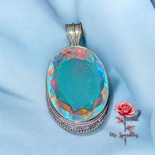 Stunning 925 Sterling Silver Mystic Topaz Oval Gemstone Pendant Large 6 Cm 4658