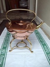 ANTIQUE W.A.S BENSONS ARTS AND CRAFTS COPPER SPIRIT KETTLE AND BRASS STAND