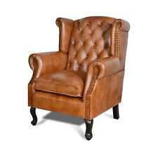 100% Genuine Leather Wing Accent Arm Chair Brown Tan Queen Anne Chesterfield
