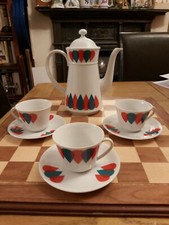 Vintage 1970s West Germany Seltmann Weiden Teapot 3x Cups & Saucers Maxi Pattern