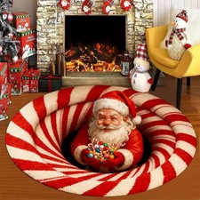 Christmas 3D Rug -Santa Claus Quilted & Gnome Quilted Round Mat Optical Illusion