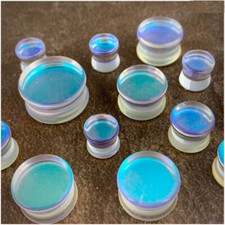 GLASS AURORA BOREALIS CLEAR IRIDESCENT FLARED EAR PLUGS STRETCHERS 6MM - 16MM