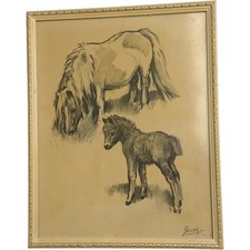 Vintage Sketch Print of Horses Signed Framed Art Drawing Collectible